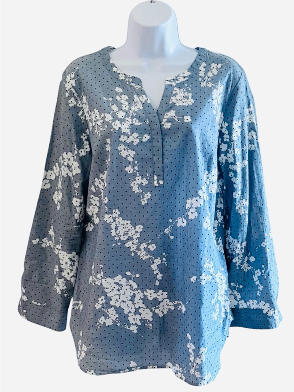 Talbots Shirt Large Blue Floral Polka Dot Long Sleeve Lightweight Popover Cotton
